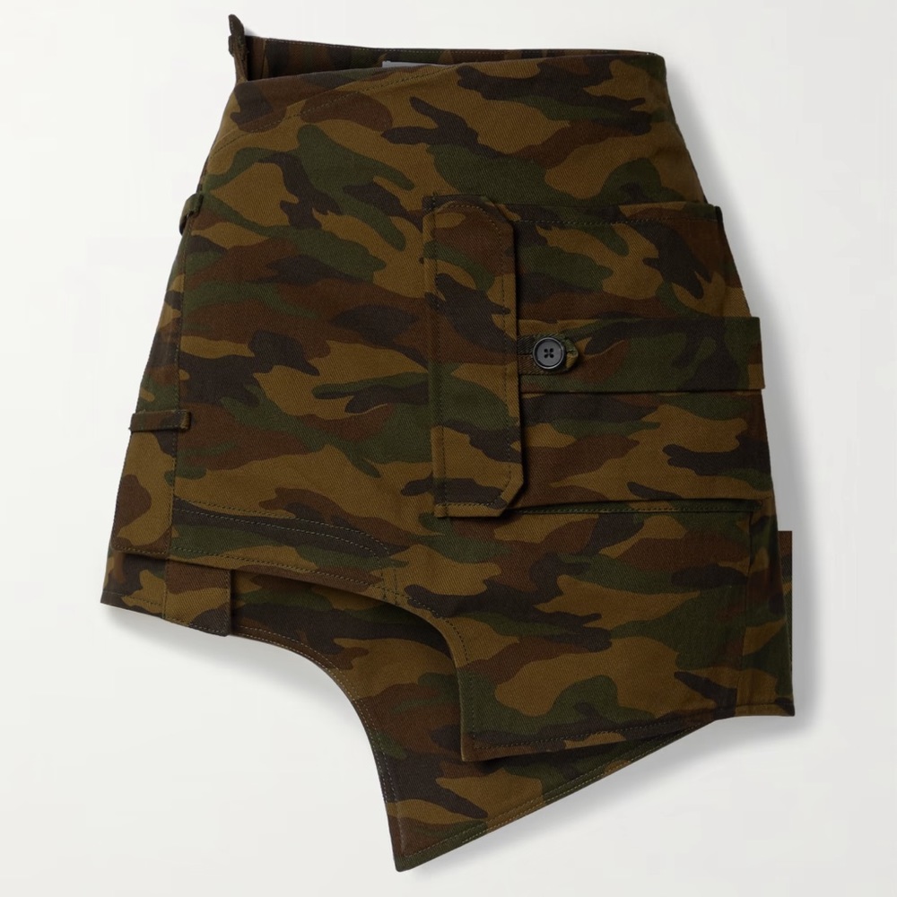 MONSE Asymmetric Deconstructed Camoflauge Mini Wrap Skirt with Pockets
